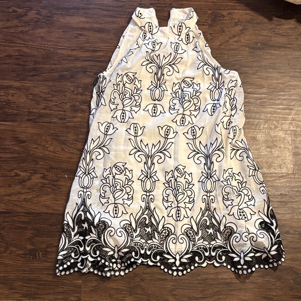 Badgley Mischka White Halter Dress with Black Embroidered Border